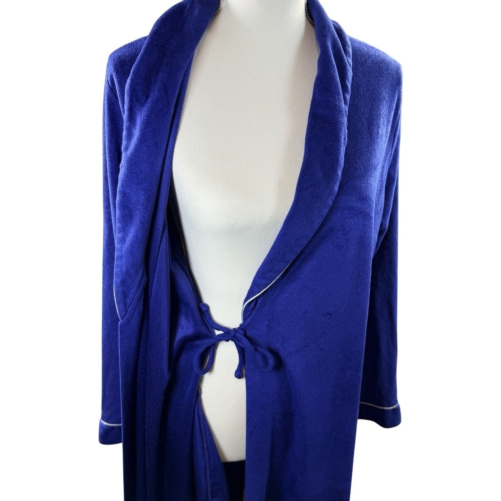 Vintage Carole Blue‎ With White Piping Micro Fleece Long Robe Tie Waist Size M - Picture 7 of 10
